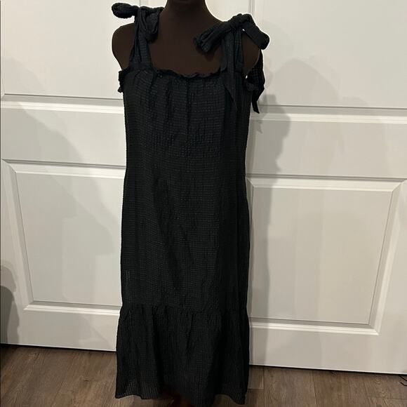 Marie Oliver Maya Women’s Black Midi Dress Linen Silk Blend Bow Straps Size Med - Picture 1 of 15